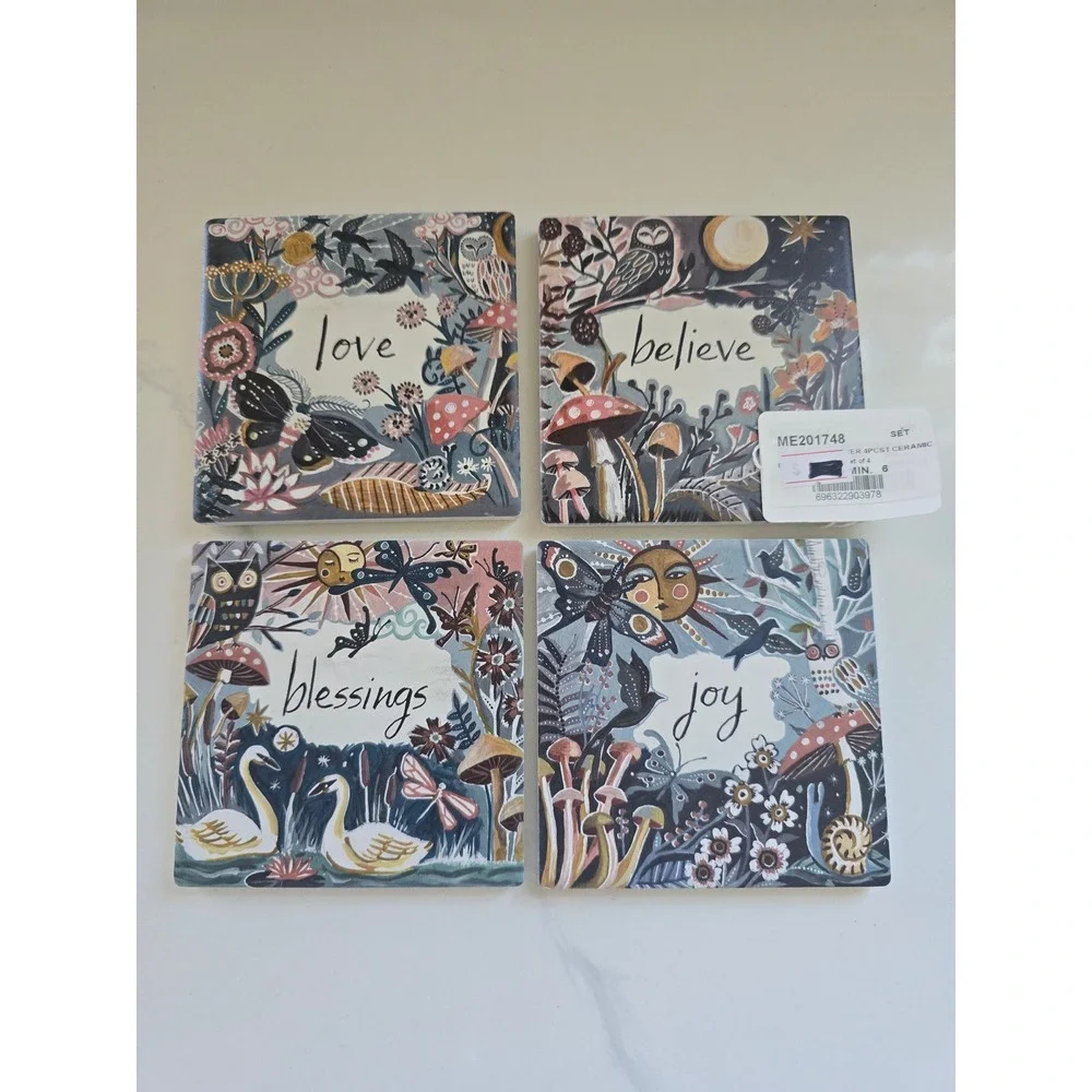 Set of 4‎ Whimsical Ceramic Coasters Forest Folk Art Love Believe Blessings Joy